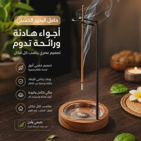 حامل البخور الخشبي بوعاء زجاجي مانع لتطاير الرماد