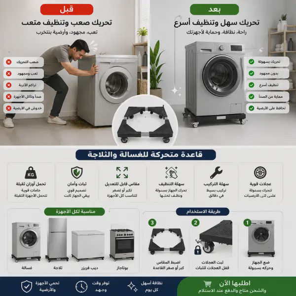 قبل وبعد: قاعدة متحركة بأربع عجلات بحجم قابل للتعديل