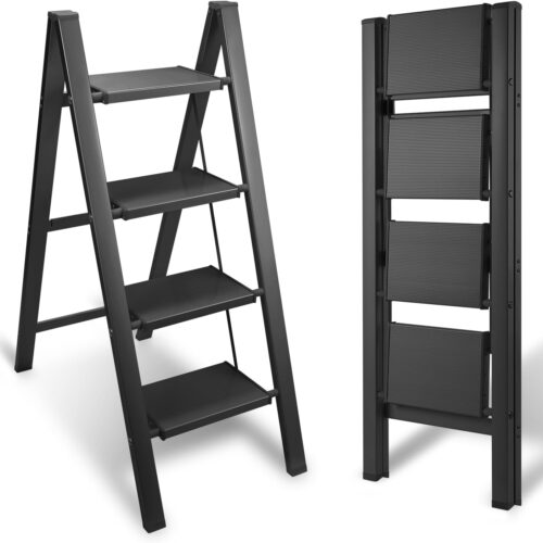 61zWY80l0oL._AC_SL1500_ سلم ألمونيوم قابل للطي 4 درجات، مانع للانزلاق، حمولة 150 كجم (ho-zk)